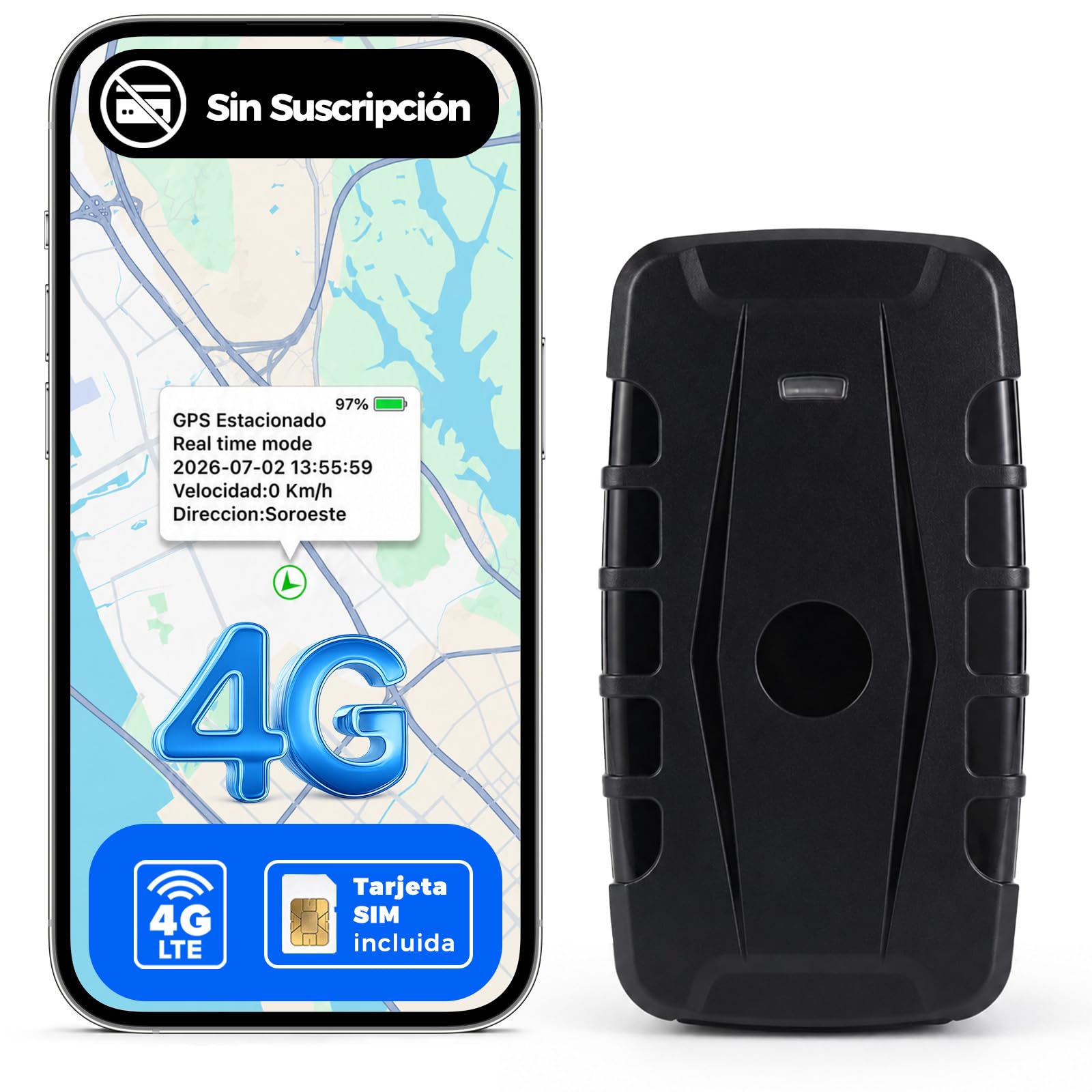 WINNES Localizador GPS para Coche 4G 20000 mAh con Imán Potente, IP67 Impermeable, Rastreador GPS sin Suscripción de Plataforma, SIM Incluida, Historial 180 Días para Flota, Camión y Remolque