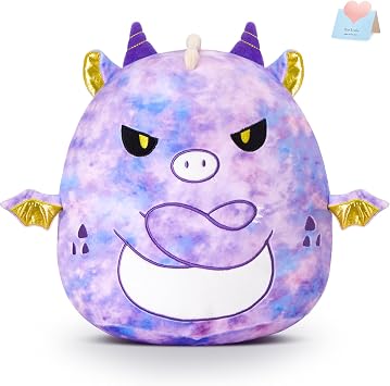 Glow Guards Original 12" Purple Tie-Dye Dragon Plush Pillow - Cute Stuffed Animal Soft Toy Dinosaur - Birthday Gift for Boys Girls Kids, The Angry Dragon