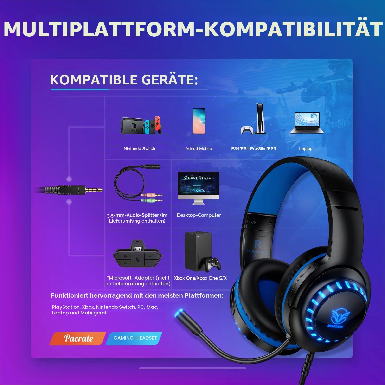 Pacrate Gaming Headset für PS4/PS5/Xbox One/PC/Nintendo Switch, PS4 Kopfhörer mit Kabel Xbox Headset mit Mikrofon, Noise Cancelling PS5 Headset mit LED Lichter - Blau
