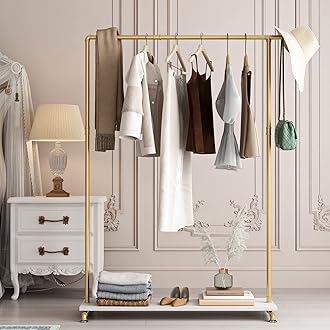 Gold Metal Clothing Rack with Shelf for Clothes Display, Industrial Pipe Garment Rack for Bedroom Retail Boutique Use