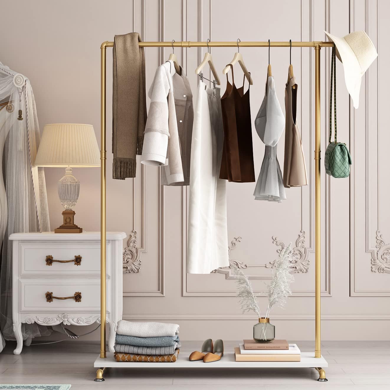 Gold Metal Clothing Rack with Shelf for Clothes Display, Industrial Pipe Garment Rack for Bedroom Retail Boutique Use