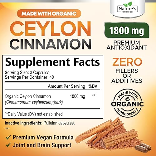 Miniatura 2 de Cápsulas de canela de Ceilán, suplemento orgánico certificado de canela de 1800 mg, tapas de polvo de canela de Sri Lanka Ceilán, los mejores