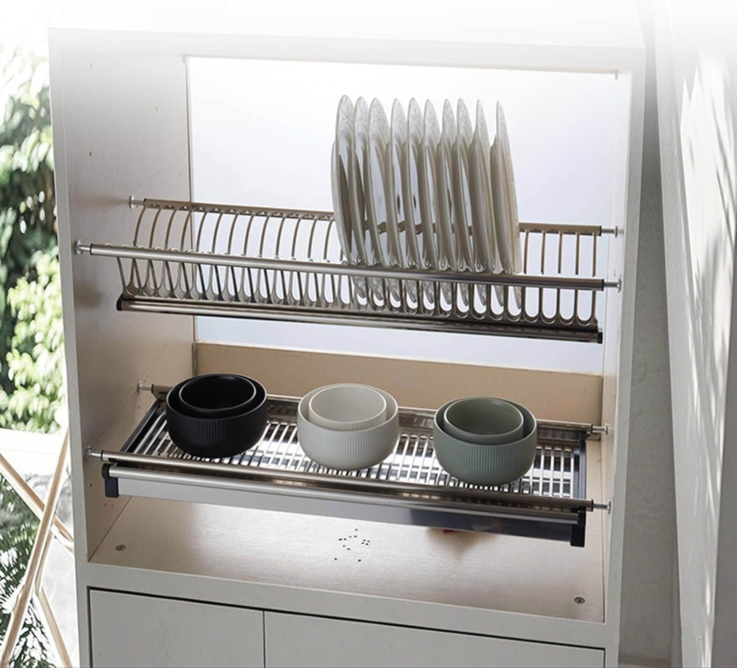 Home Storage Dish Rack Organizer with Drain Pan,2 Tier Stainless Steel Storage Shelves for Kitchen, Bathroom, Office, Bedroom, Garage, Craft Room