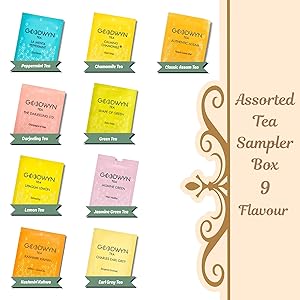 Goodwyn Assorted Tea Sampler Box 90 Individually Wrapped Tea Bags | Premium Herbal, Black & Green Tea Collection in Reusable Wooden Chest | 9 Flavors x 10 Each: Peppermint, Chamomile, Assam, Darjeeling, Lemon, Green Tea, Kahwa, Jasmine, Earl Grey | Ideal Gift Set Box