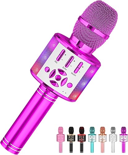 Amazmic - Micrófono de karaoke para niños, Bluetooth, portátil, inalámbrico, de mano, con luces LED, para niños y adultos, para fiestas de
