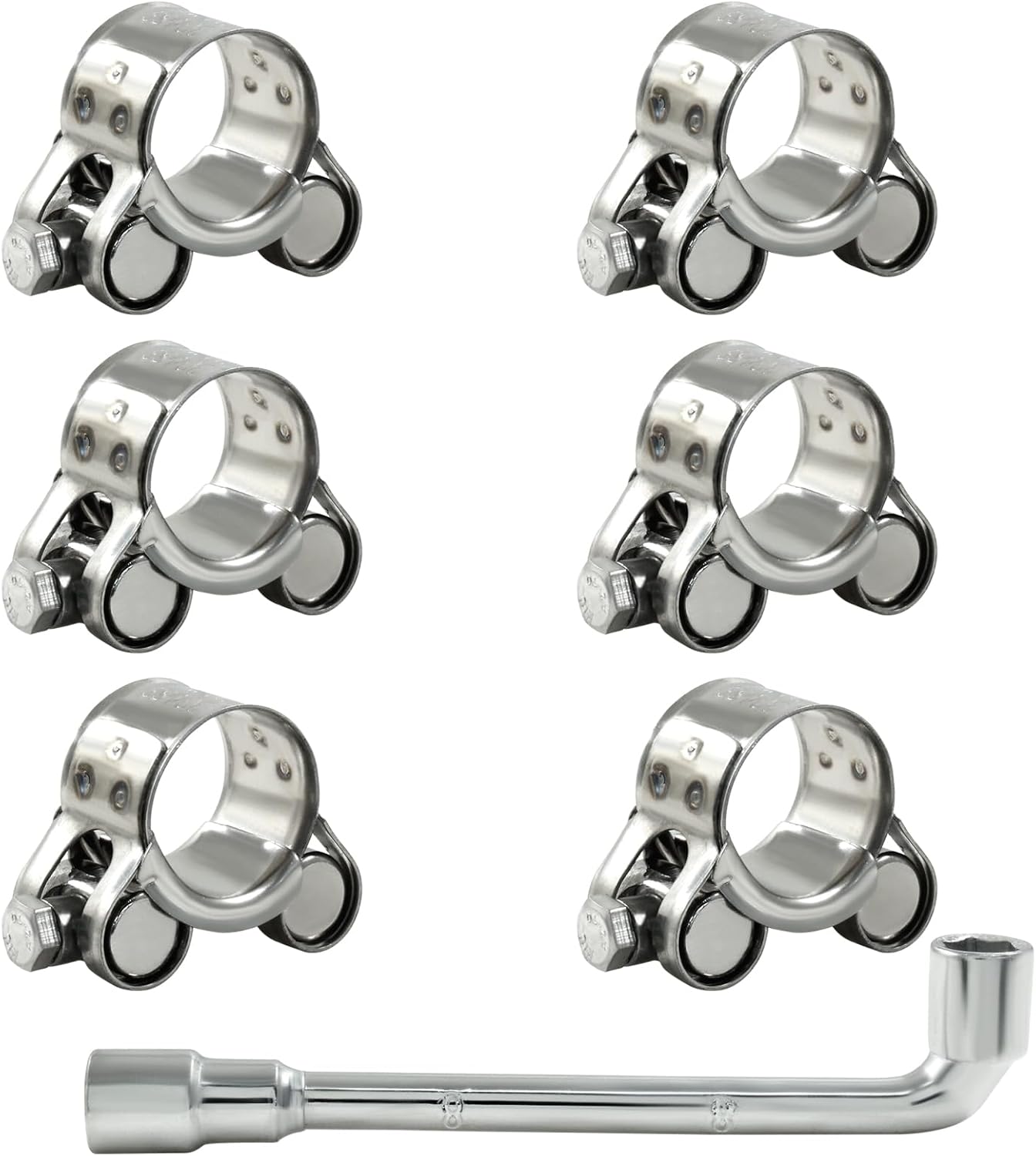 6 Pcs T Bolt Hose Clamp, 29-31mm 304 Stainless Steel Adjustable Tube Clamps, Heavy Duty Turbo Pipe Clamps with Socket Wrench for Industrial, Automotive
