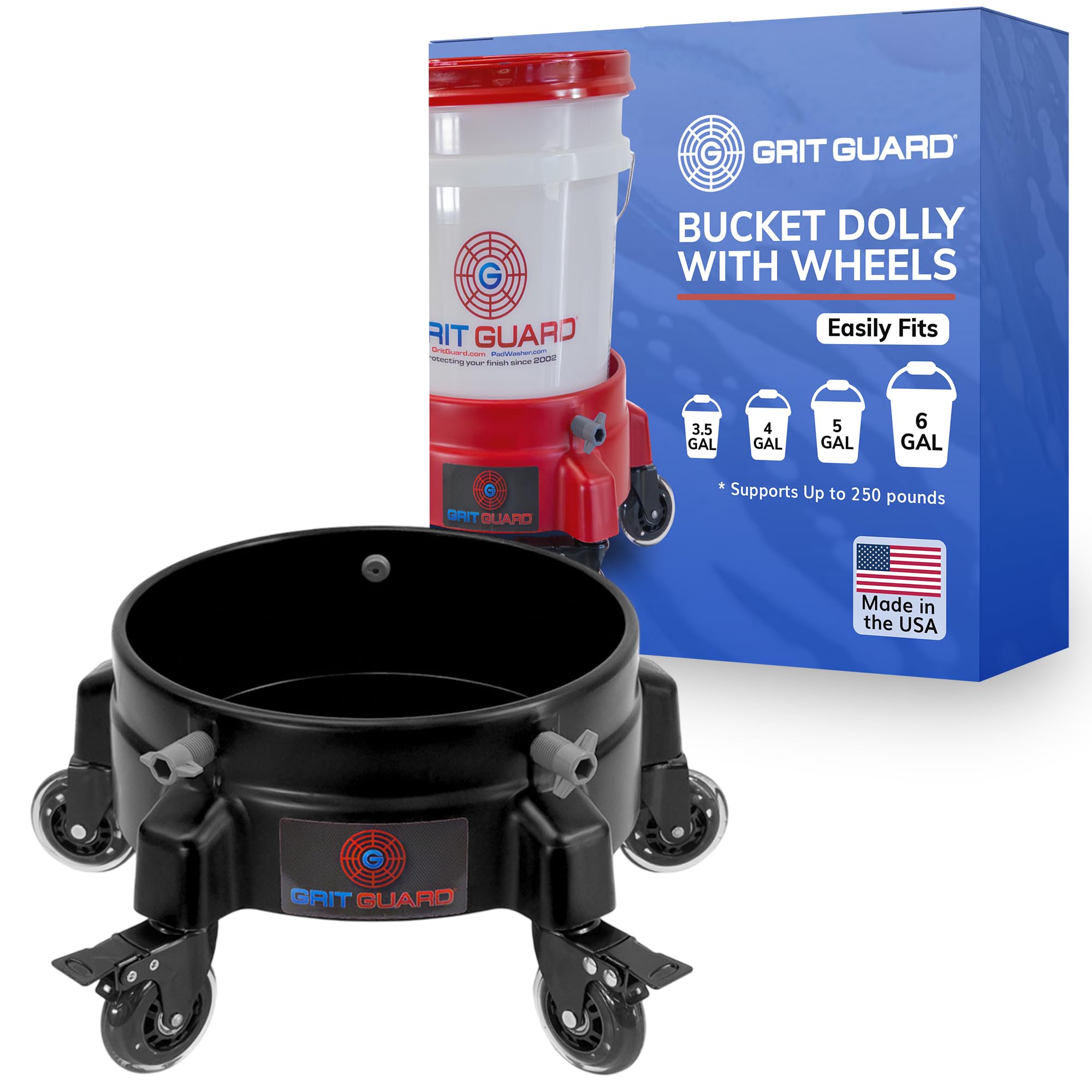 GRIT GUARD Bucket Dolly with Wheels - Rolling Detailing Wash Bucket with 5 Wheels and 2 Locking Casters Compatible with 2.5, 4, 5 and 6 Gallon Buckets (Black, 3" Roller Bearing)