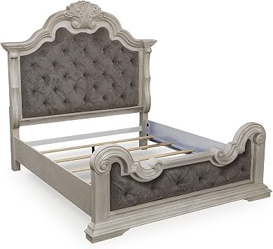 Signature Design by Ashley King Upholstered Panel Bed, Antique White | Tall 83-in tufted polyester headboard, Hardwood solids with oak and ash swirl veneers and engineered wood, Valleymont Series