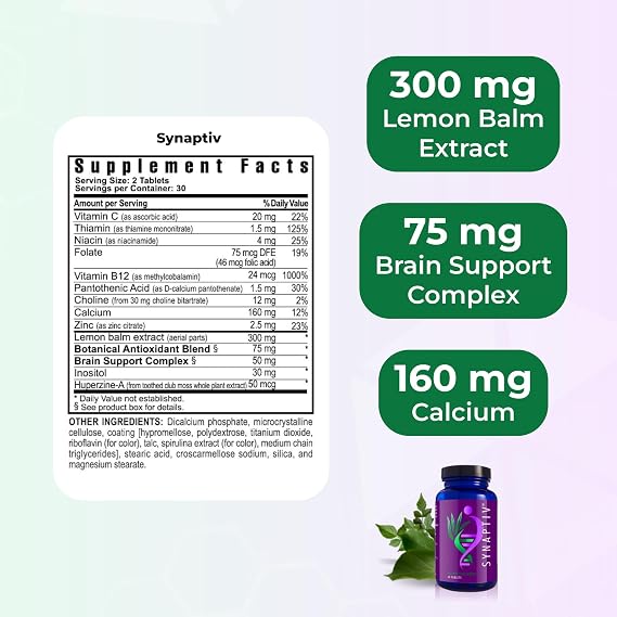 Youngevity SynaptivTM Brain Support - 12in1 - Ginkgo, Huperzine, Bacopa, Quercetin and More - with Potent Antioxidant Blend + Vitamins - 60 Tablets (Pack of 1)