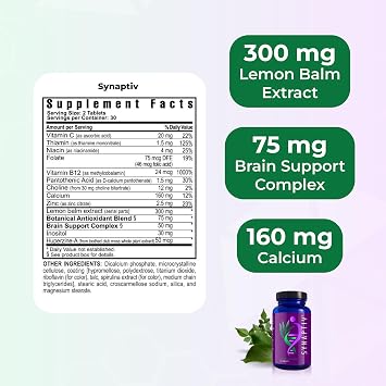 Youngevity SynaptivTM Brain Support - 12in1 - Ginkgo, Huperzine, Bacopa, Quercetin and More - with Potent Antioxidant Blend + Vitamins - 60 Tablets (Pack of 1)