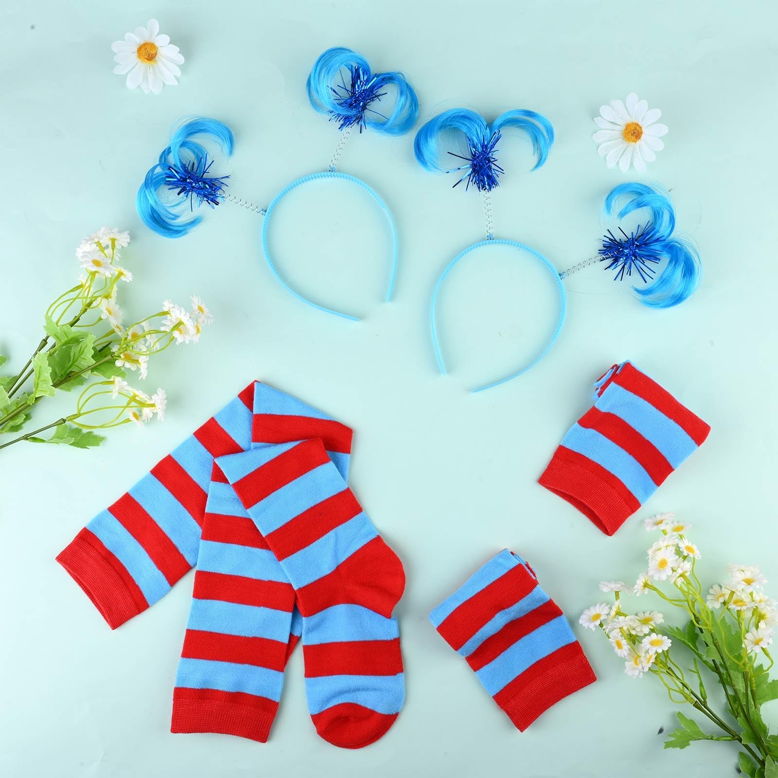 Kavoc 2 Set Kids World Book Day Thing Costume Accessories Include Blue Ponytail Headband and Striped Knee Socks - Image 4