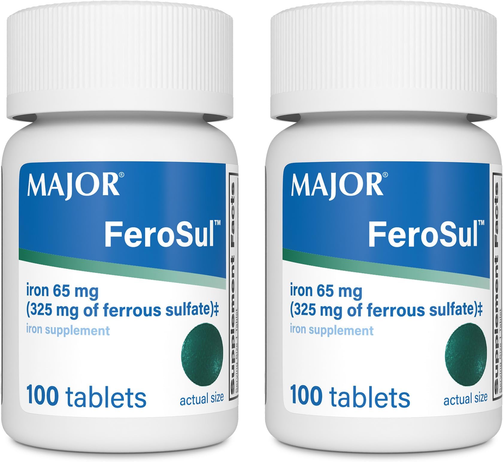 Major Ferosul - Ferrous Sulfate 325mg Tablets with 65mg of Elemental Iron - Iron Supplement for Women, Men - Green - 100 Count (2 Pack)