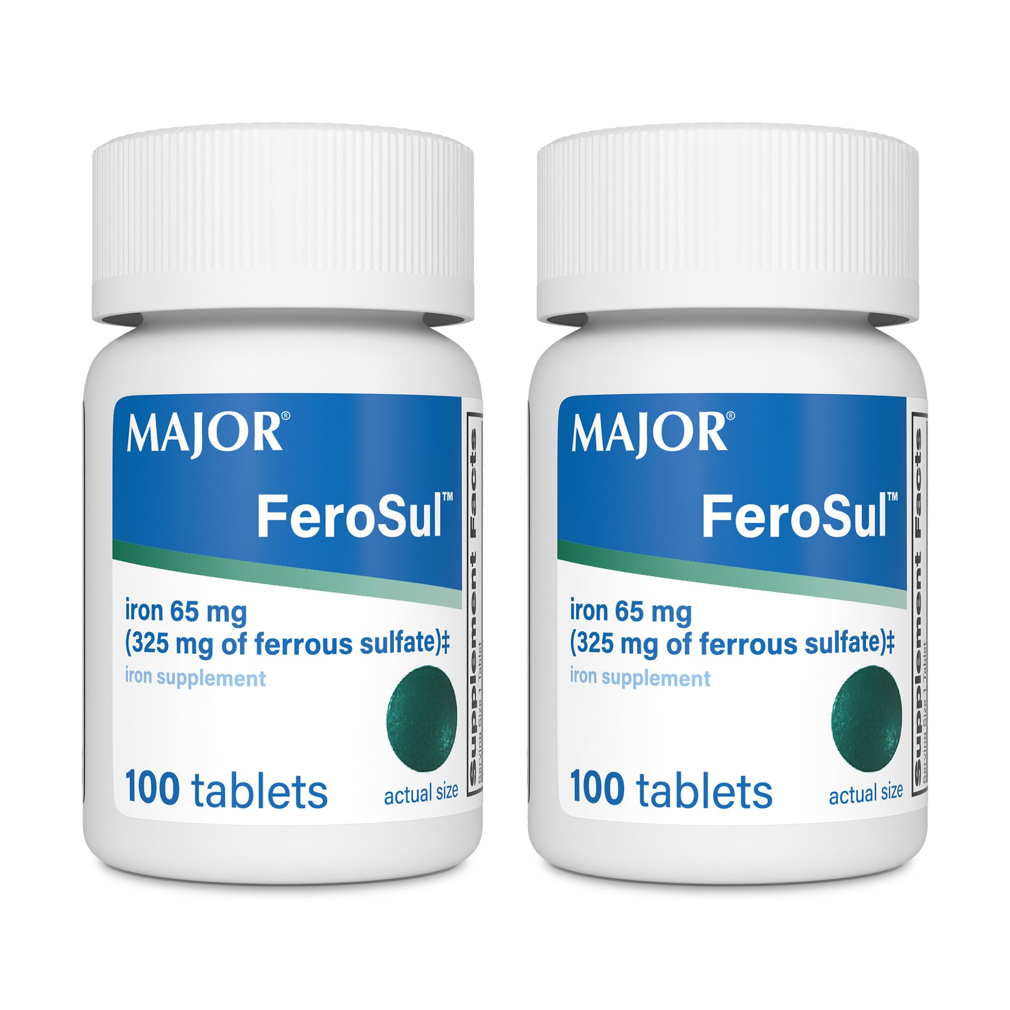 Major Ferosul - Sulfate de fer 325mg Comprimés avec 65mg de fer élémentaire - Supplément de fer pour les femmes, les hommes - Vert - 100 Compte (2 Pack)