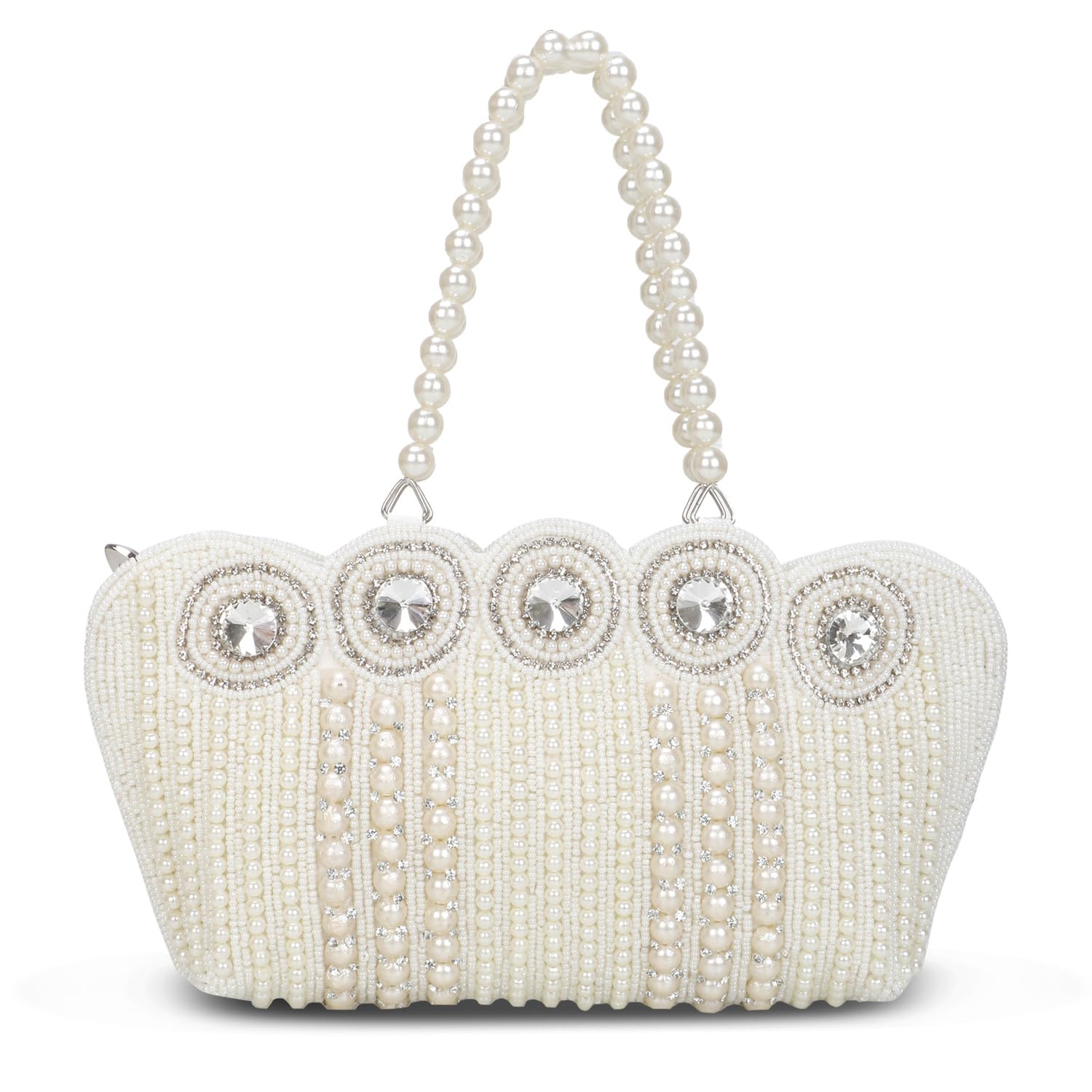 Shanvi Handicraft Women's Small Cutest Vintage Style Pearl Tote Wrist Bag Evening Clutch Purse, White-image-15