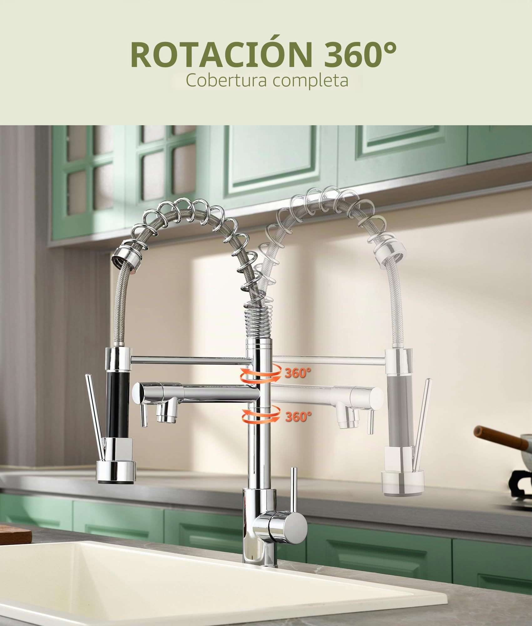 Grifo Cocina, grifo de cocina extraible con resorte, monomando mezclador de fregadero acero inoxidable, torneira cozinha con giratorio 360° (cromo+doble función)