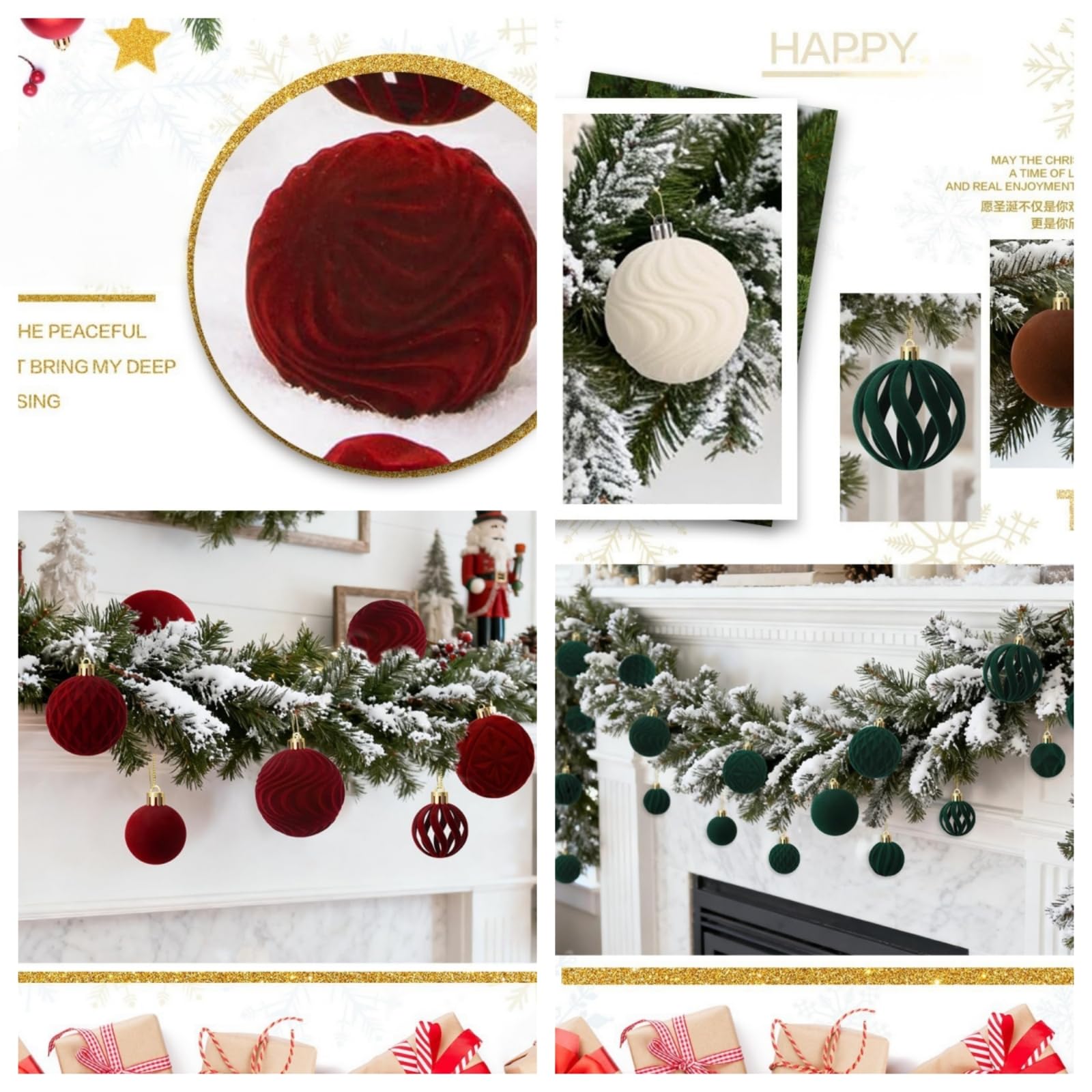Samt Weihnachtskugeln Ornamente Set, 36 Stück, Zerstörungssicher | Weihnachtsbaumdeko, Urlaubsdekoration, Heimdekoration, Bruchsicher, 36-teiliges Set