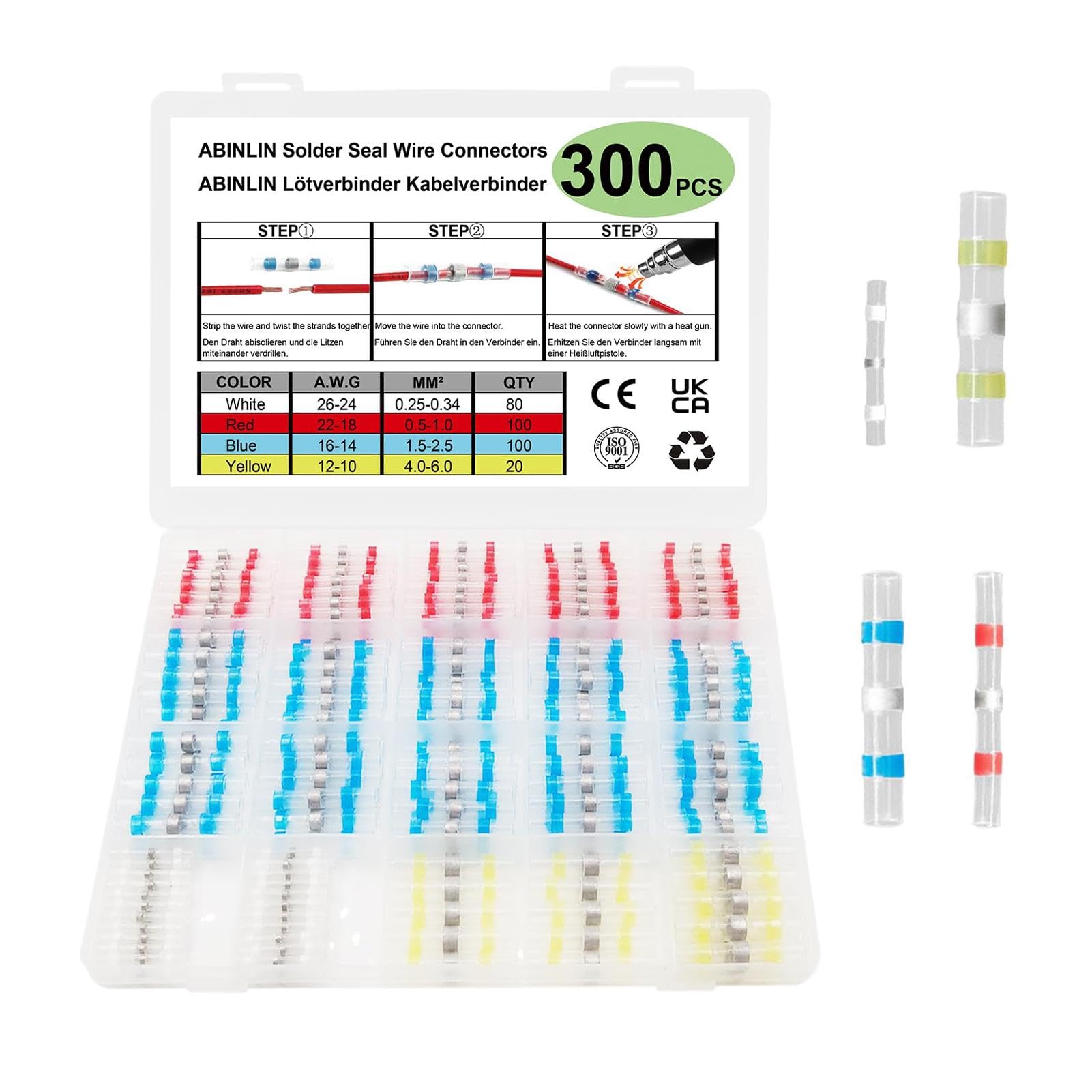 300PCS Solder Seal Wire Connectors, Heat Shrink Wire Connectors, Waterproof Solder Seal Heat Shrink Wires Terminal Connector Kit, Automotive Butt Splice Connector