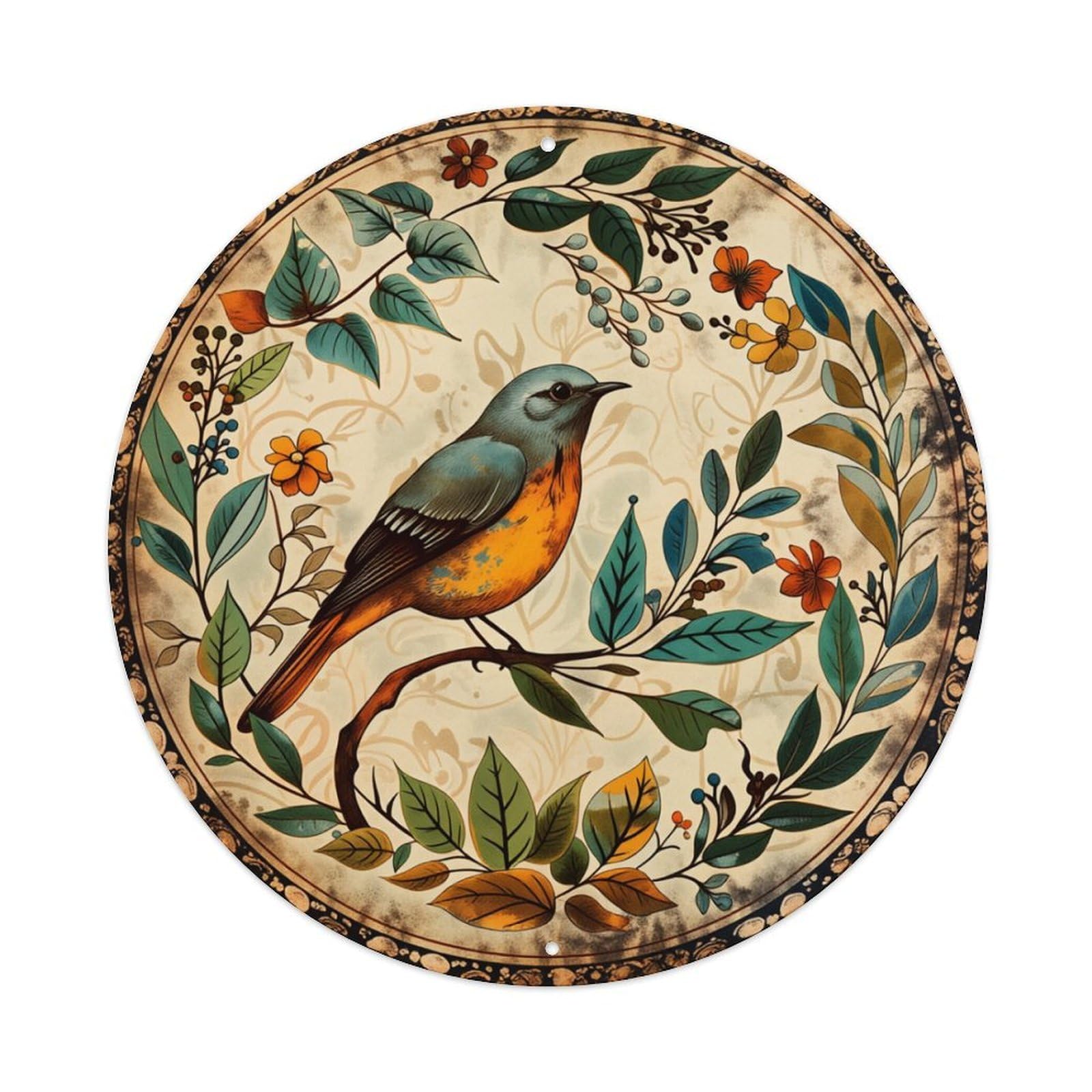 Bird Floral Leaves Branches Pattern Round Tin Sign Retro Metal Sign for Cafe Bar Pub Home Game Room Gym Club Wall Decoration Vintage Metal Poster 8x8 Inch