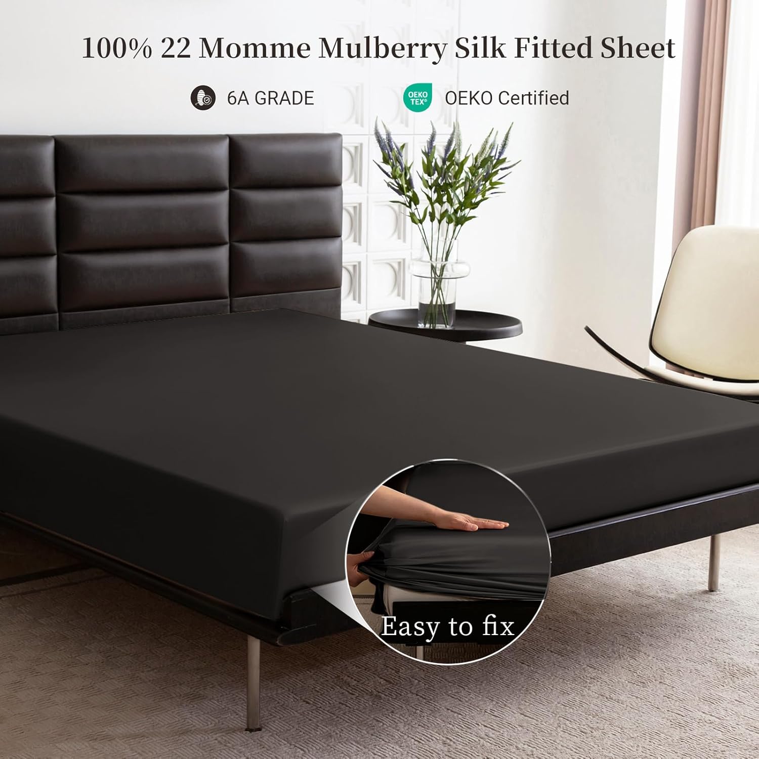 THXSILK 1 Piece Silk Fitted Sheet, 22 Momme Muberry Silk, 16" Deep Pocket Full Fitted Sheet, Anti Fading, Durable, Wrinkle Free (Full, Grey)