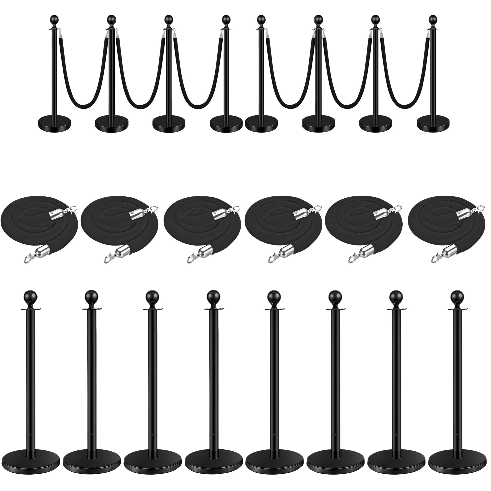 Pali distanziatori in Acciaio Inox 8 Pezzi, Altezza 95 cm, con Corda di Velluto da 1,5 m, Collegamento a 4 Vie, Base di Diametro 32 cm