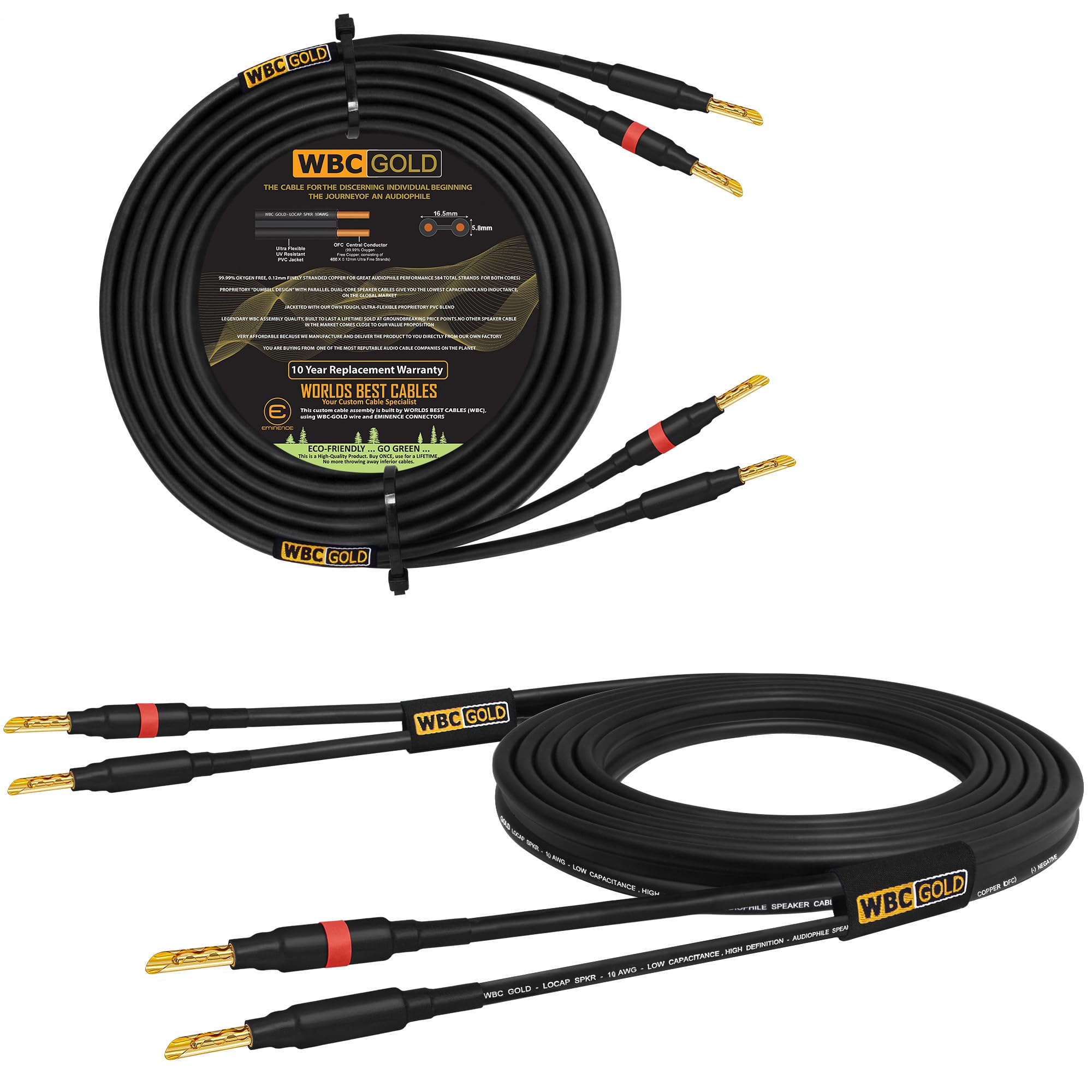 WORLDS BEST CABLES 30 Foot WBC-GOLD-LOCAP-SPKR-10 AWG - Low-Capacitance - Low-Inductance - High Purity OFC - Audiophile HiFi Speaker Cable Pair with