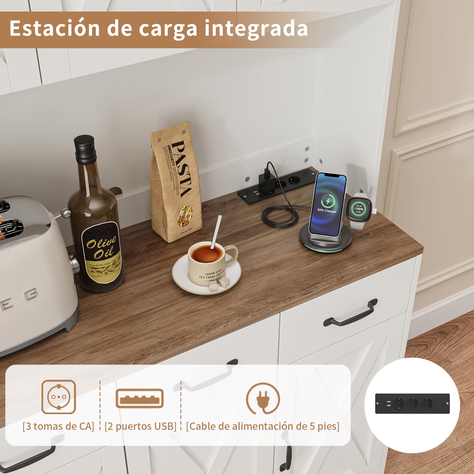 FUSOU Alacena de Cocina 180 cm con Enchufes Integrados, Armario de Cocina con Encimera, 3 Cajones y 4 Puertas, Mueble Auxiliar Estilo Rústico para Comedor, Blanco