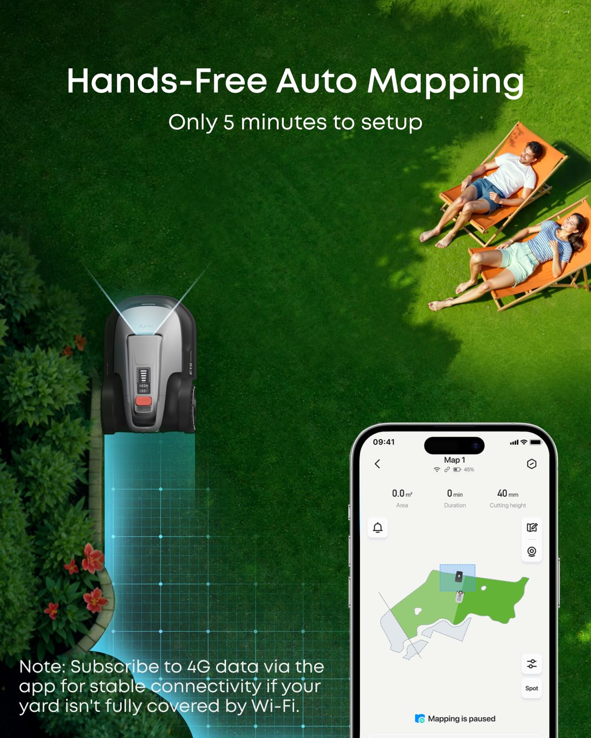 eufy Robot cortacésped E15, mapeo automático, navegación de visión pura, sin cables RTK, gestión multizona, prevención de obstáculos AI 3D, antirrobo GPS, 0.2 acres, pendiente de 18°, control de