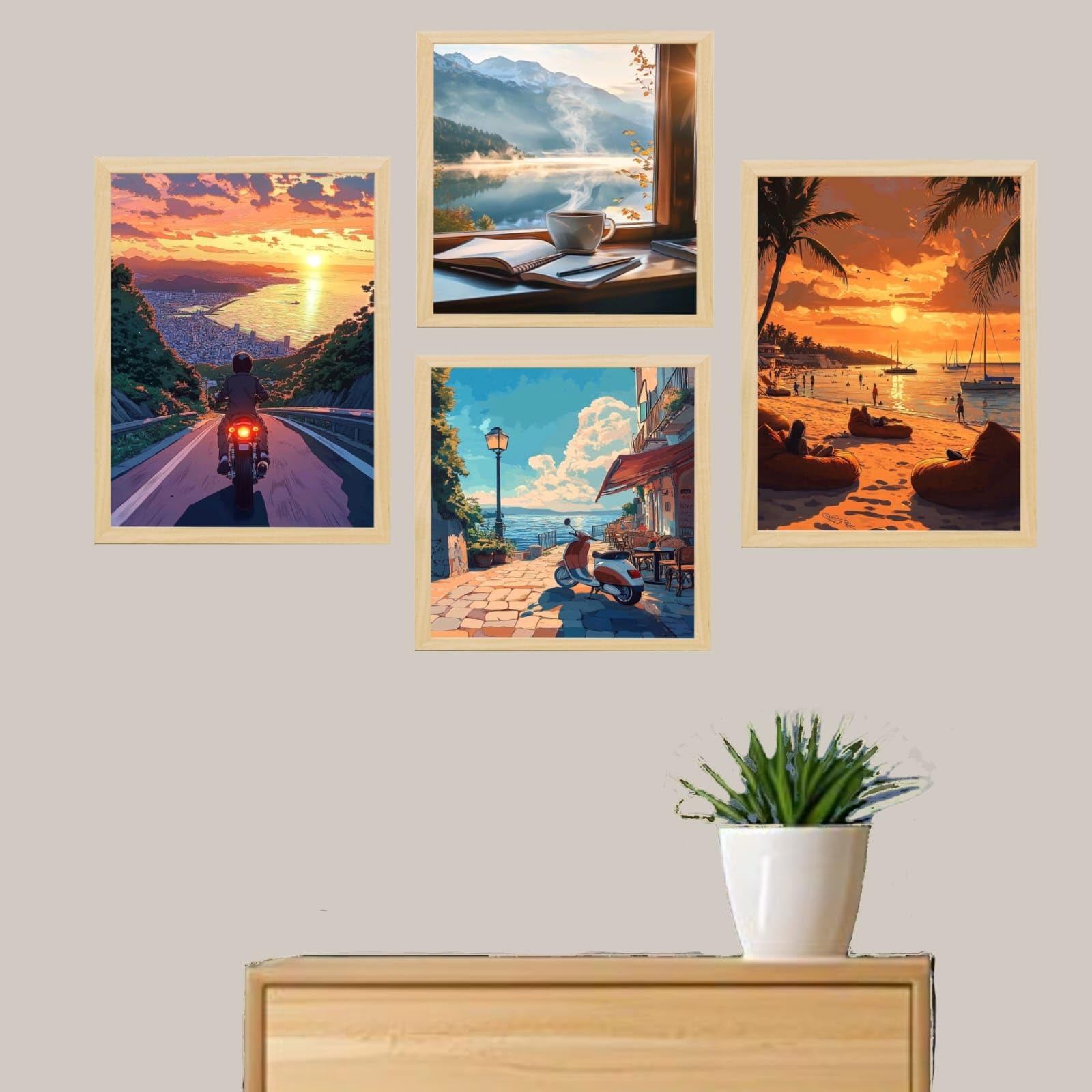 Travel-Themed Wall Art Set, 4-Piece Framed Paintings Collection, Scenic Landscapes and Sunsets, 25x33 cm and 25x25 cm, Modern Home Decor 1
