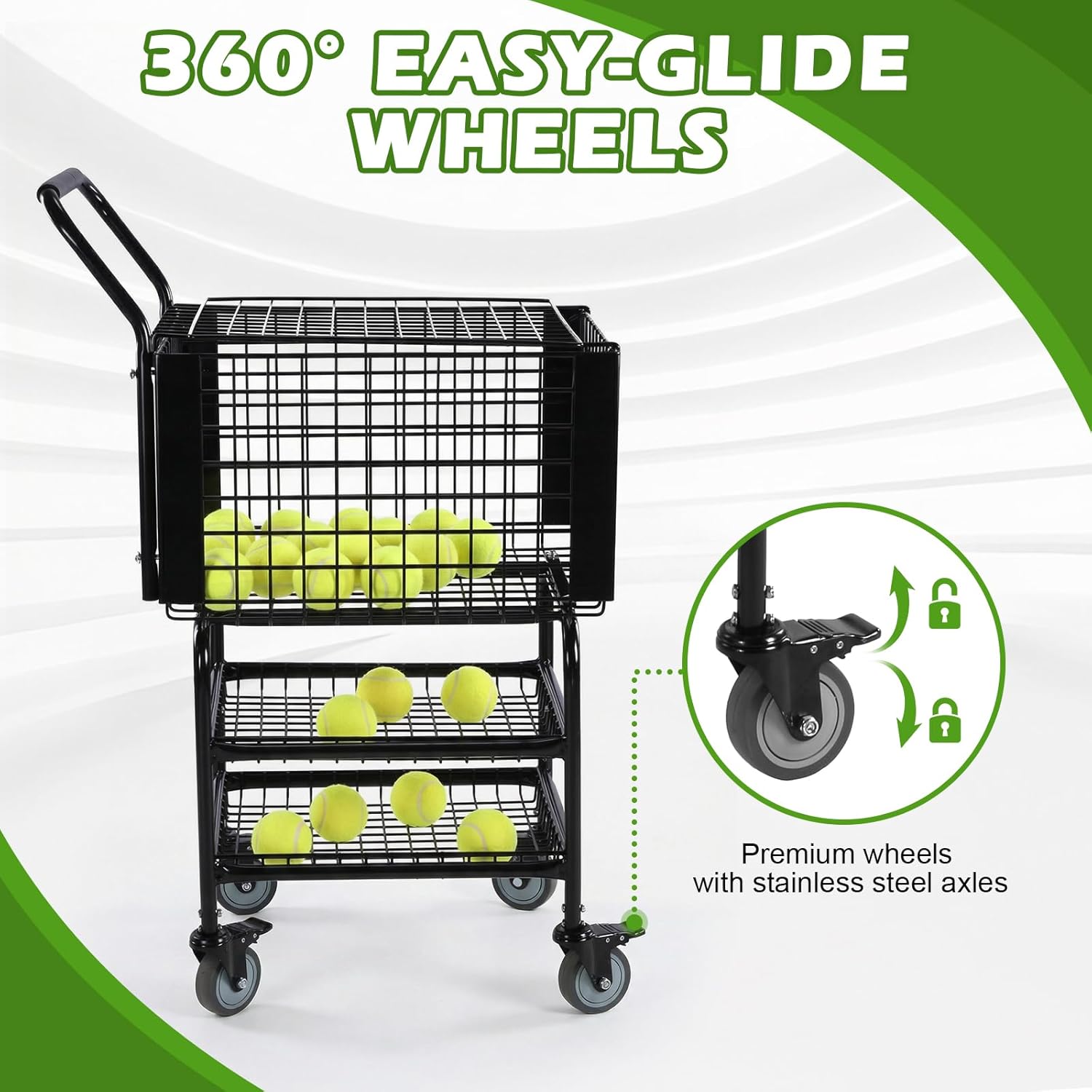 Tennis Ball Basket Pickup Hopper Holds 350 Balls Tennis Ball Hopper Basket Cart 2 Layers with Wheel for Training/Teaching