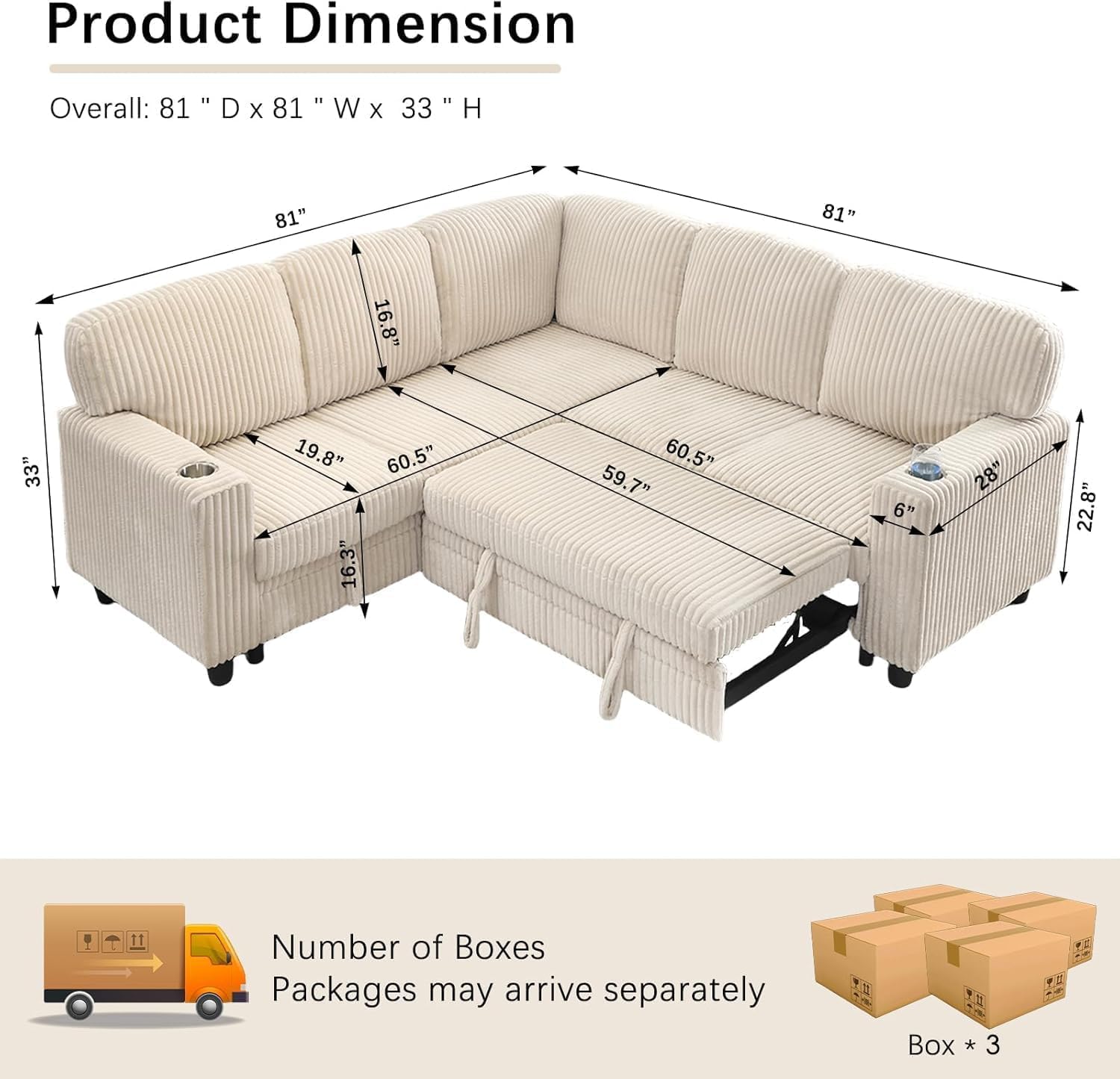81" Modular Sectional Sofa, L Shaped 5-Seater Sleeper Sofa with Pull Out Bed, Hidden Storage, Cup Holders & USB Charging Ports, Sectional Couches for Living Room, Corduroy, Beige