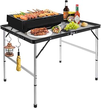 3ft x 2ft Grill Table Portable Camping Table, Waterproof Black Folding Table with Adjustable Height Camping Table,Folding Camp Table for BBQ,Camping, Outdoor Sports, Beaches and Picnics