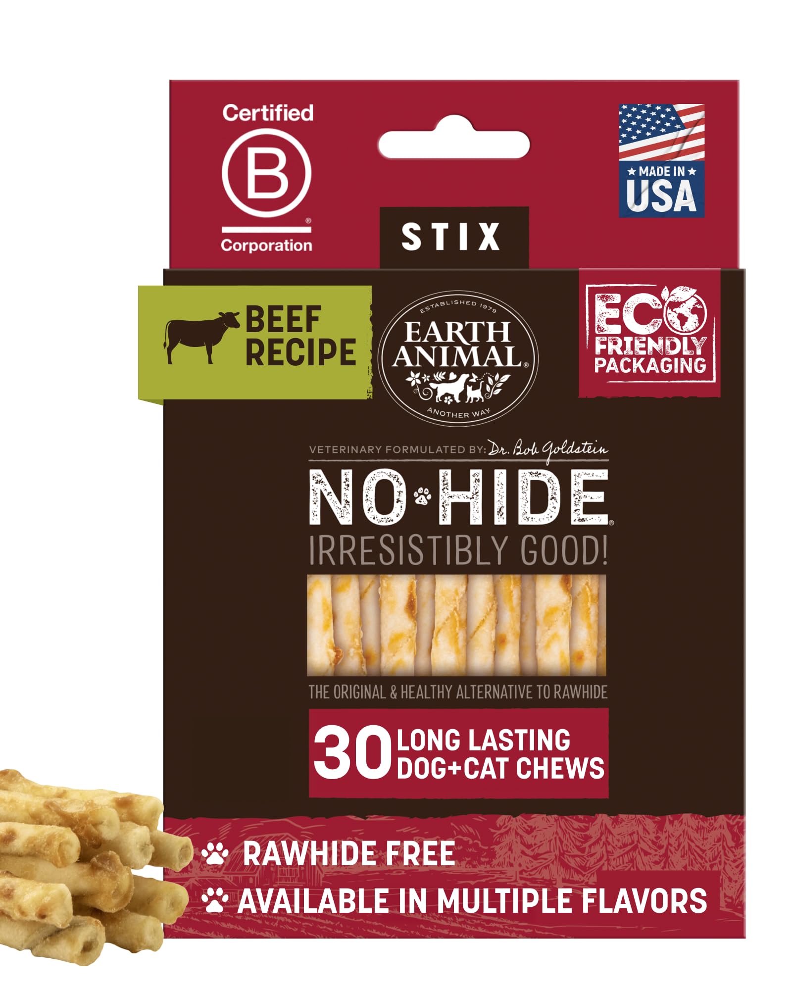 EARTH ANIMAL No Hide Stix Beef Flavored Natural Rawhide Free Dog Chews Long Lasting Dog Chew Sticks | Dog Treats for Small Dogs and Cats | Great Dog Chews for Aggressive Chewers