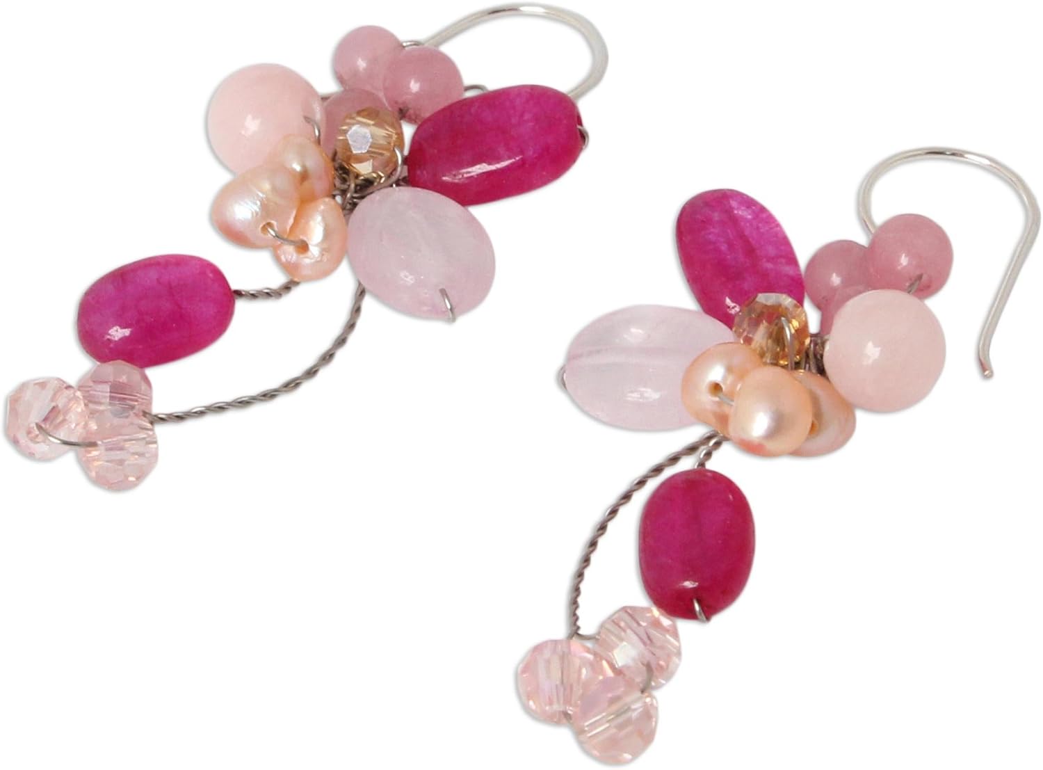NOVICA Artisan Handmade Cultured Freshwater Pearl Rose Quartz Cluster Earrings Stainless Steel .925 Sterling Silver Multigem Multicolor Pink White Beaded Dangle Thailand