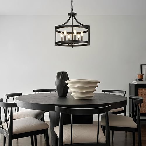 Miniatura 4 de LynPon Candelabro grande y moderno de granja de 19 pulgadas, lámpara de techo convertible semiempotrada, lámpara colgante de jaula redonda rústica