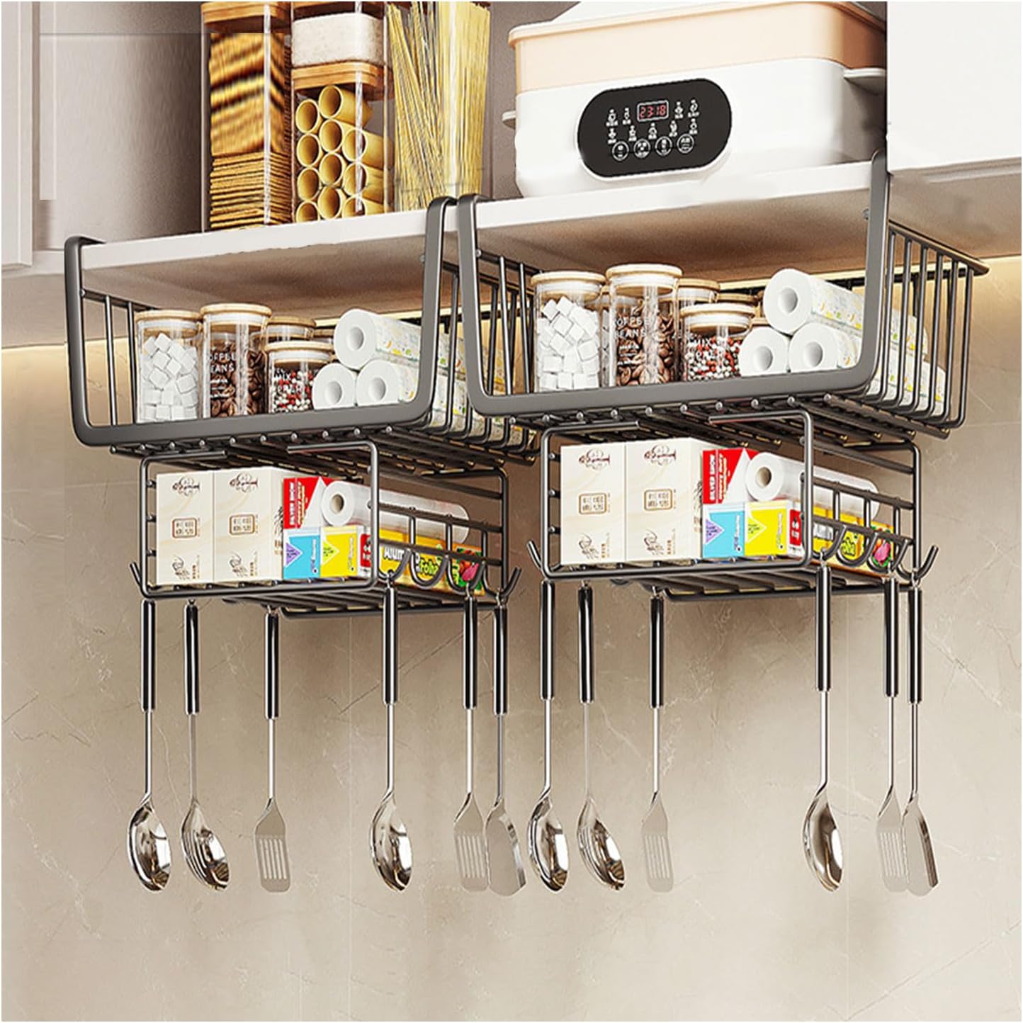 Dxcaicc Under Shelf Basket Kitchen Cabinet with Hooks,Hanging Basket Shelves,Kitchen Cabinet Organizer Storage,Large Capacity Undershelf Storage,Space Saving for Kitchen Counter Pantry,B