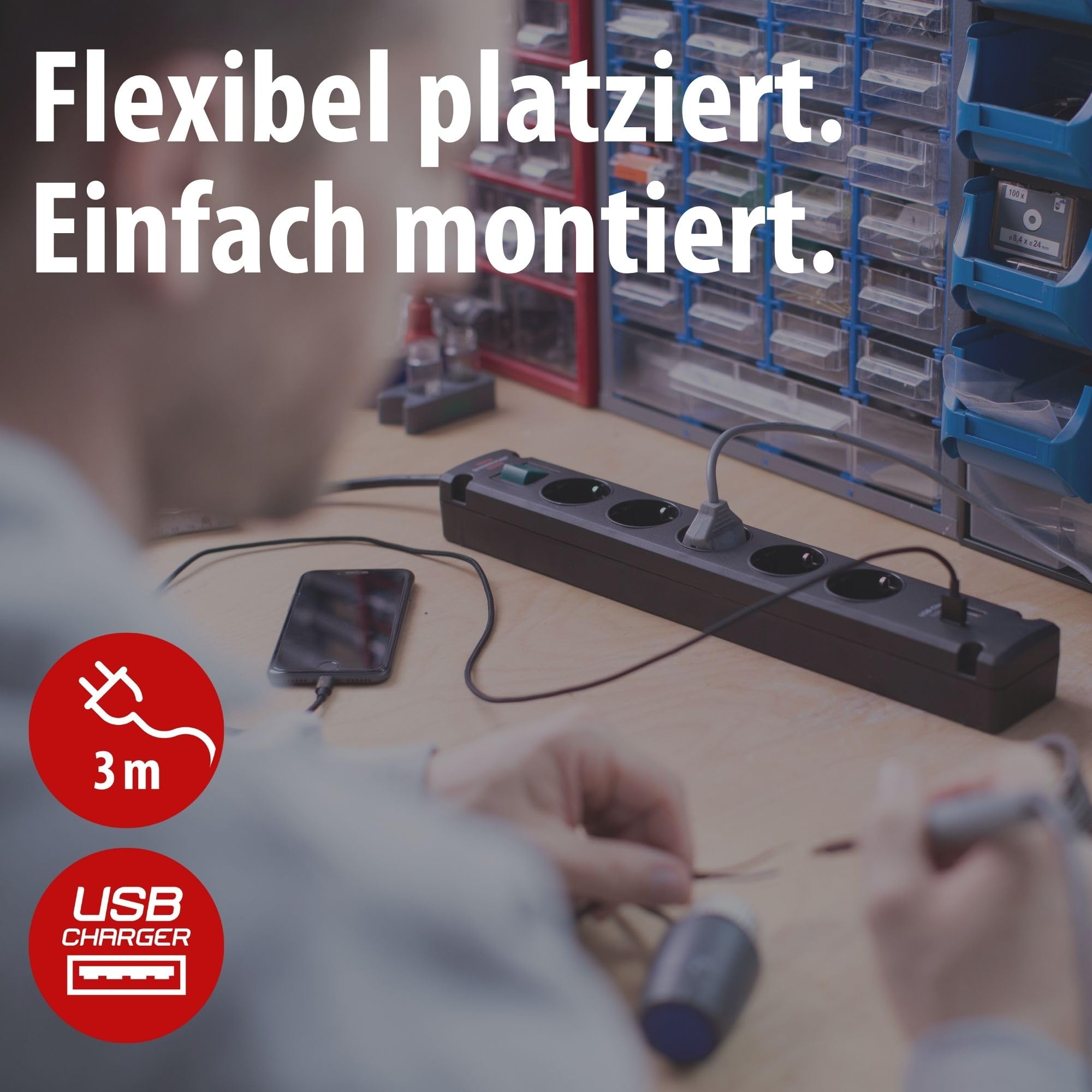 Brennenstuhl Bremounta regleta de enchufes con 5 Tomas Corriente y Carga USB para instalación y fijación (regleta eléctrica con Interruptor, Posibilidad de Montaje y Cable de 3m) Negro (Paquete de 2)