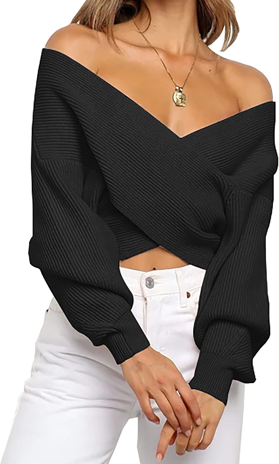 BTFBM Women Casual V Neck Long Sleeve Sweaters Cross Wrap Front Off Shoulder Asymmetric Hem Knitted Crop Solid Pullover at  Women’s Clothing store
