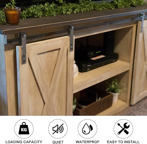 Miniatura 3 de uxcell Kit de herrajes para puerta corrediza de granero de 4 pies para 2 puertas de armario, rodillo en forma de J de pista plana, instalación de