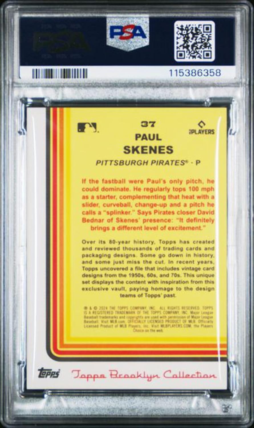 Graded 2024 Topps Brooklyn Collection Paul Skenes #37/25 Orange Rookie RC Baseball Card PSA 10 Gem Mint
