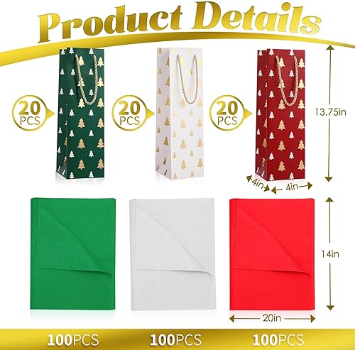 Miniatura 2 de Woanger 360 bolsas de regalo de vino de Navidad, bolsas para botellas de Navidad con papel de seda tricolor, bolsas de regalo a granel para Navidad,