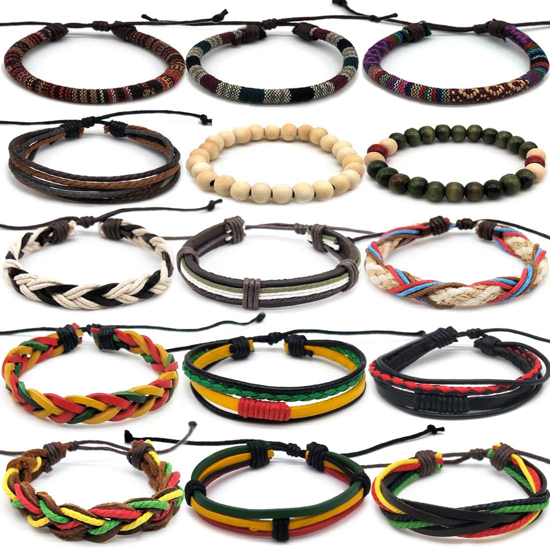 MOAMUN 16 PCS Ethnic Tribal Bead Leather Bracelet, Friendship Hand Braided Bohemian Wooden Bead Hemp Rope Bracelets Wristbands for Men Women (Unisex)