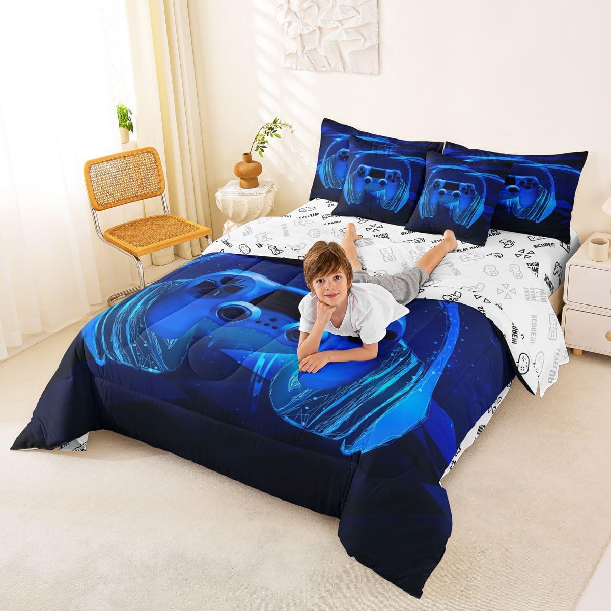 Feelyou Gamer Bed in a Bag Kids Video Game Gamepad Bedding Set for Boys Teens Gaming Headset Comforter Set Twin Size 7 Pieces Blue Game Bed Set with Comforter, Sheet Set, Pillowcases, Pillow Covers