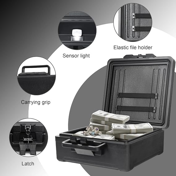 Fireproof Document Box with Key Lock Large Portable Fire Safe for Home Documents Waterproof & Fire Resistant Lock Box with Ergonomic Handle, 1 Hour at 1700F, 72 Hours Waterproof