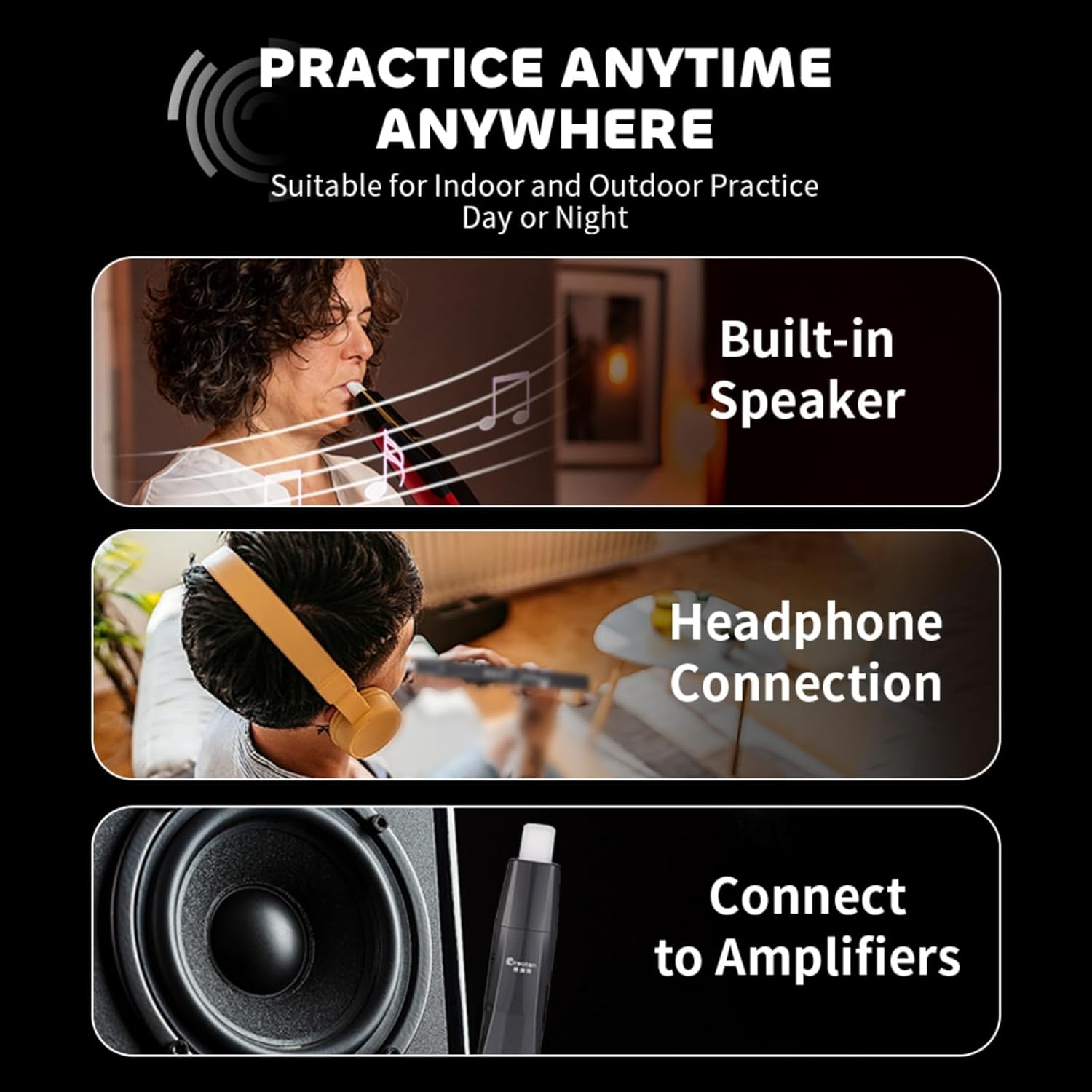 Three panels illustrating practice options for the GREATEN AP 300 Pro: Built-in Speaker, Headphone Connection, and Connect to Amplifiers.