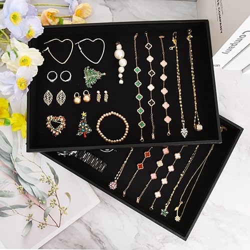 Miniatura 3 de JETEHO Bandeja de joyería de terciopelo negro para cajones, bandeja de exhibición de joyas negra, bandejas apilables para joyas, bandejas