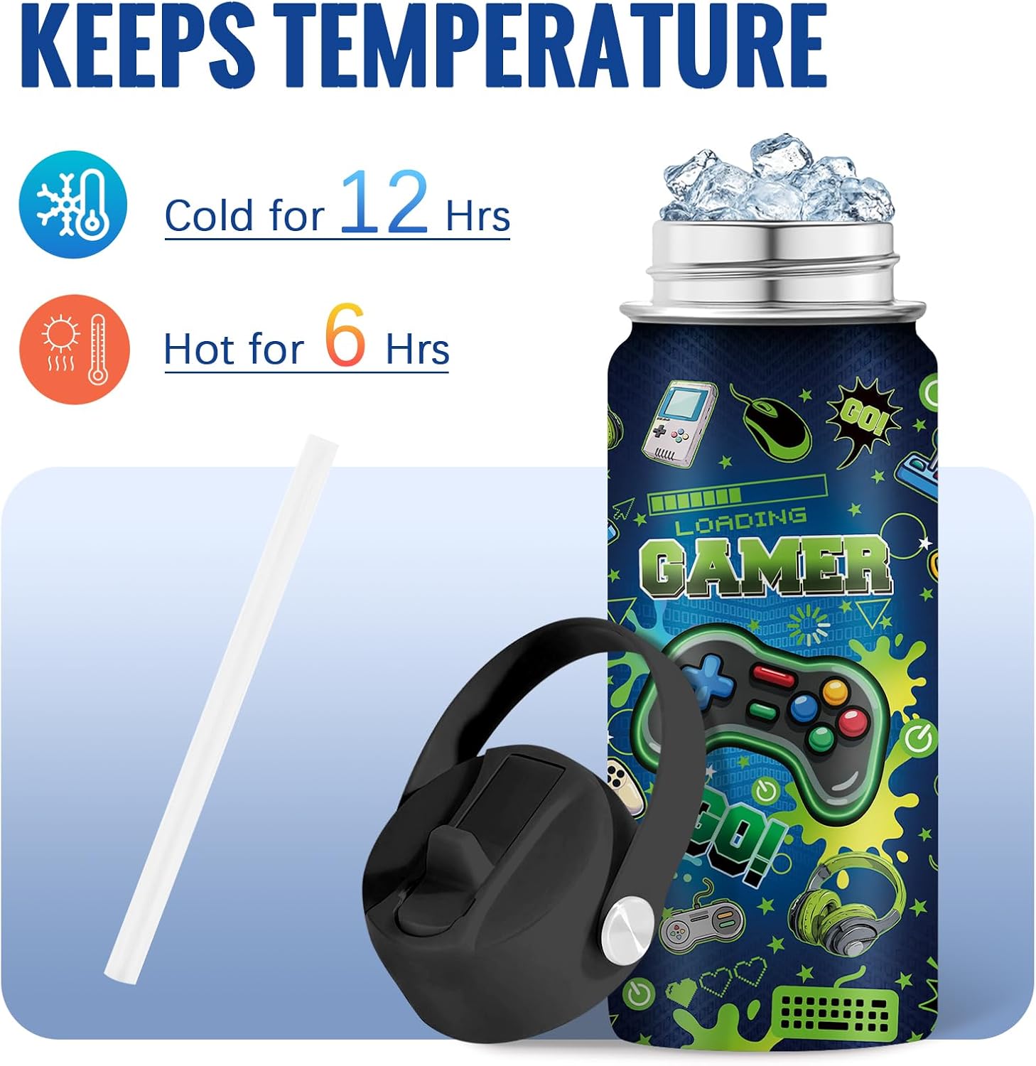 Game Gift for Kids - 18 oz Game Water Bottle with Straw Lid, Green Game Kids Stainless Steel Insulated Water Bottle, Leak Proof, BPA-Free, Gamer Cup for School, Travel, Gift for Games Lover Birthday - Image 4