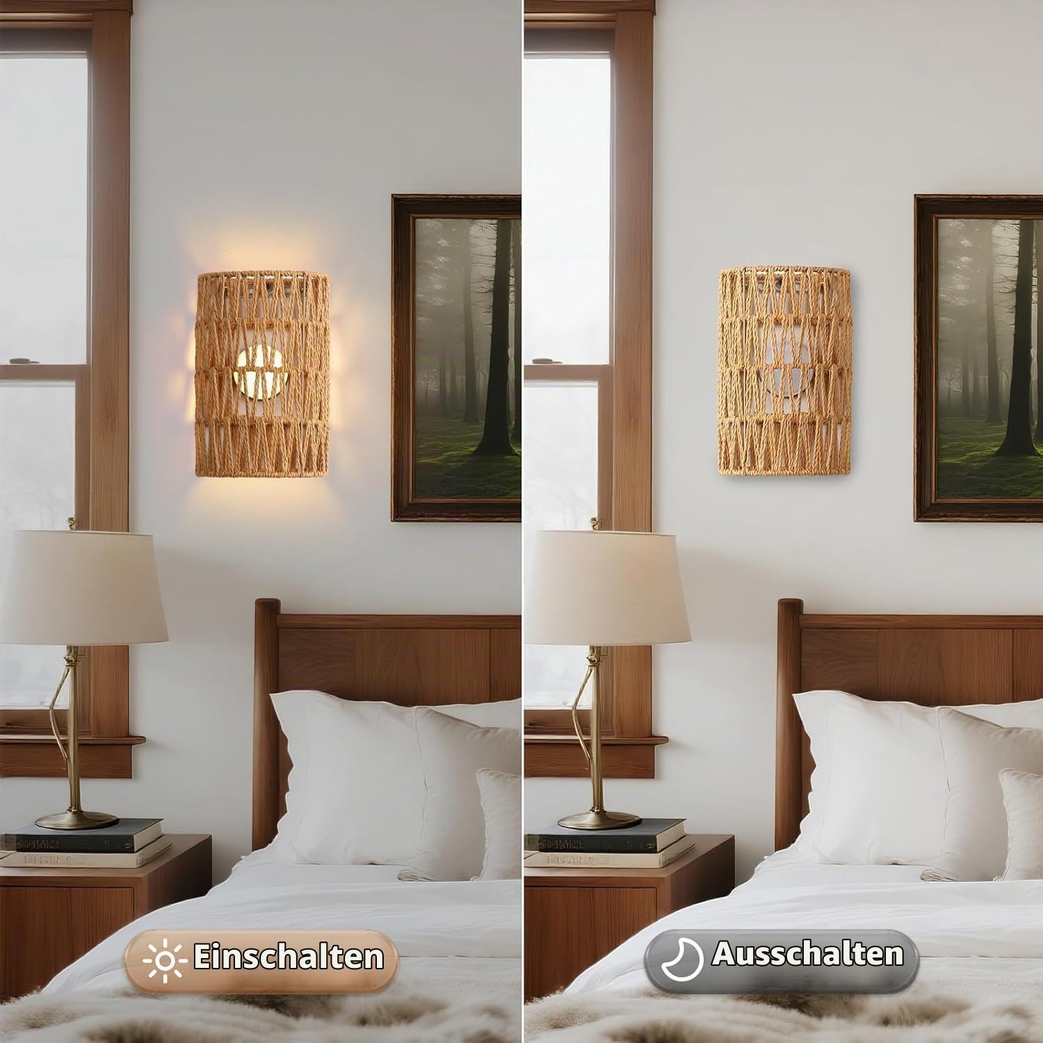 2 Stück Wandleuchte Innen RGB Dimmable Wandlampe mit Fernbedienung Boho Rattan Nachttischlampe Vintage Bambuslaterne Lampe ohne Stromanschluss für Wohnzimmer Schlafzimmer Treppen Flur