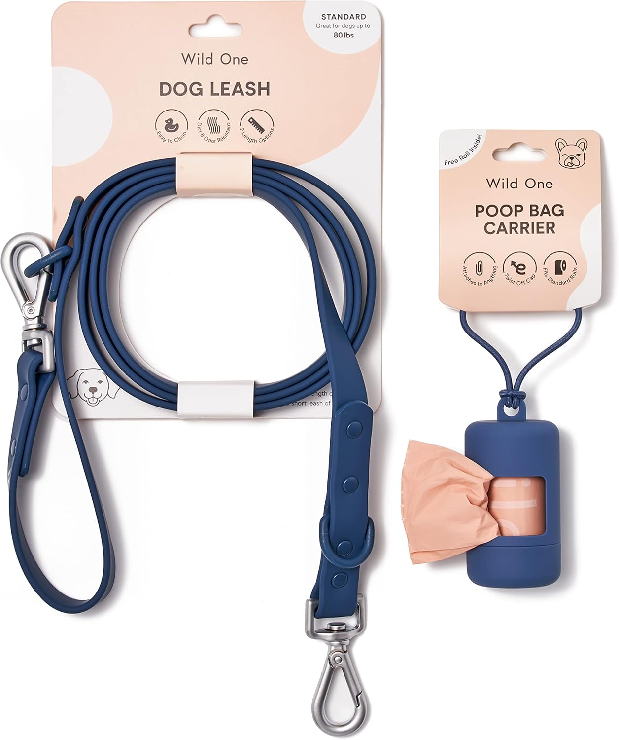 Wild One Nylon Adjustable Length Leash 5.5 Feet and Poop Bag Carrier Set, Waterproof, Odor Resistant, Blue