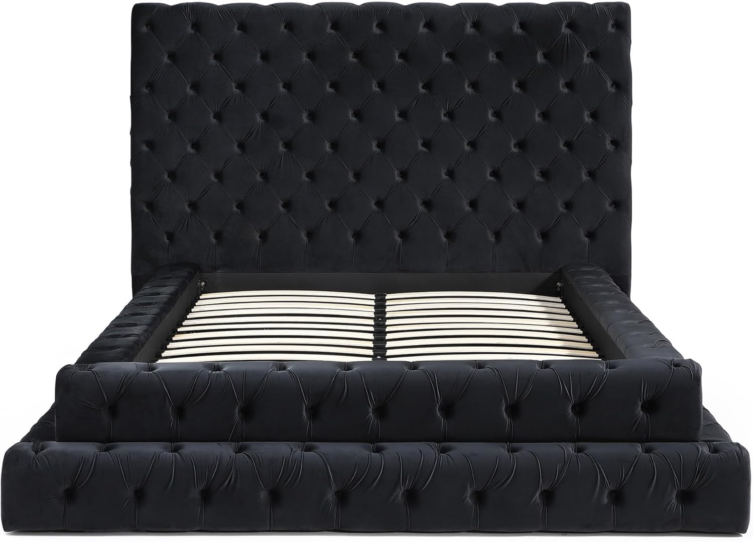 Better Home Products Eleonora Velvet King Bed - Luxurious Upholstered Design with Deep Button Tufting in Black (Black, King)