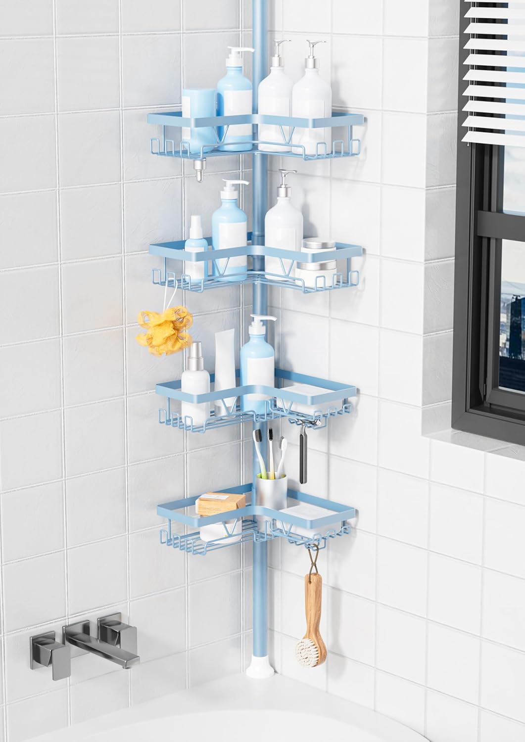 KEGII Shower Caddy Tension Pole, 4-Tier Rustproof Adjustable Corner Bathroom Organizer for Renters, 25–114.2 Inch No Drill Space-Saving Shower Storage Rack, Blue
